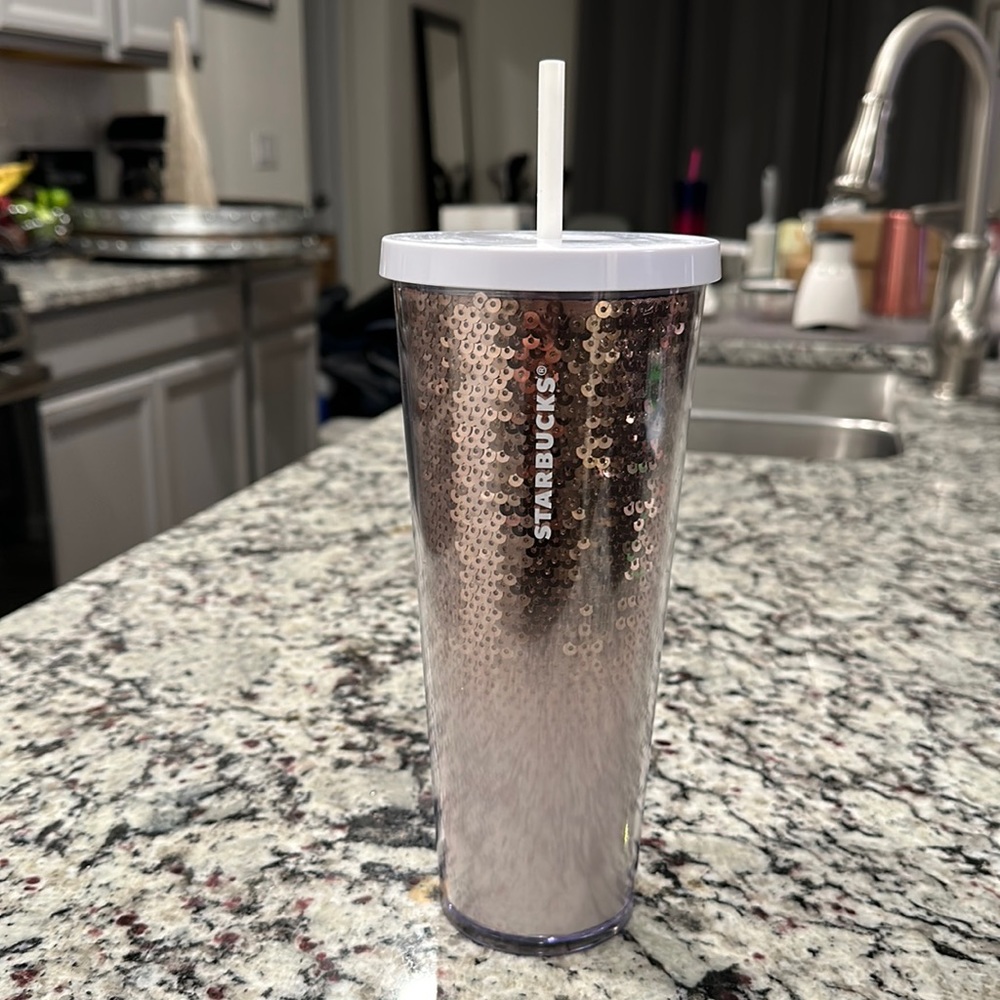 Starbucks Gold and White Glitter Plastic Cup, Used